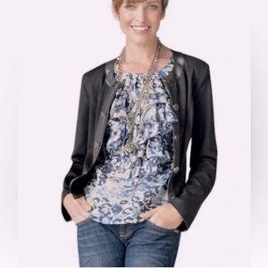 Cabi # 583 Studio Jacket in ponte stretchy knit with faux leather trim sz S